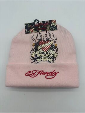 Ed Hardy Pink Beanie with Red Logo Skull & black Beanie with tiger roses motifs